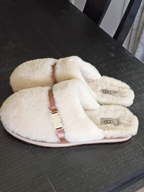 UGG Cream Shearling Slide Slippers with Leather Trim